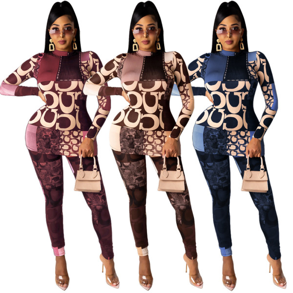 Fashion Printed High Collar Long Sleeves Tops With Trousers Two Pieces Sets GL6327