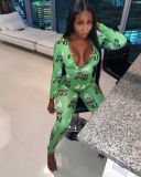 Sexy Printed V-Neck Long Sleeves Skinny Jumpsuit R6386
