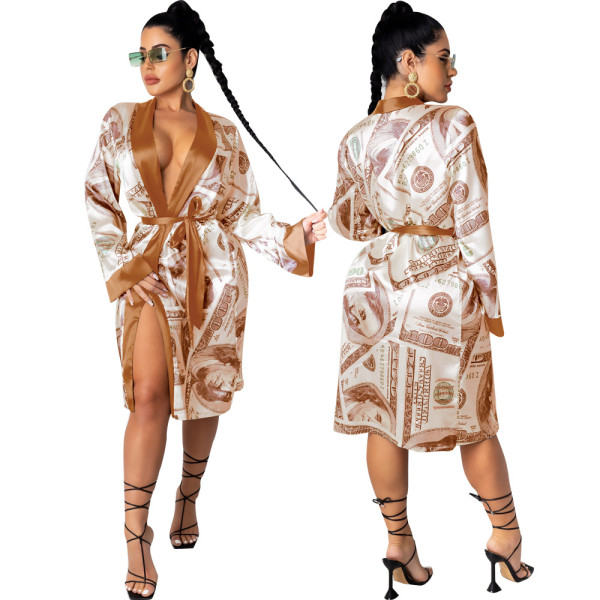 Sexy Printed Long Sleeves Lace-Up Cardigan Midi Jacket KA7139