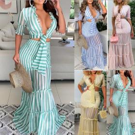 Womens two-piece striped see-through slim sexy dress HC720