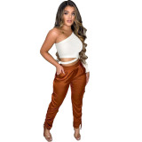 Fashion Solid Color Pocket Stretch Drawstring Straight Long Pants BN128