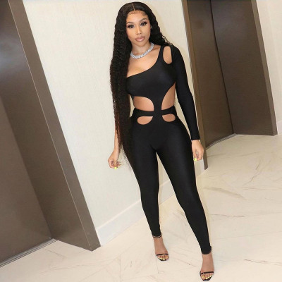 Womens sexy hollow open back one-shoulder high waist skinny sports casual jumpsuit K21Q00827