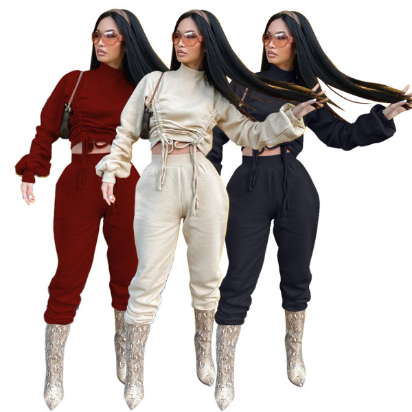 Autumn Solid Color High Collar Long Sleeves Drawstring Mini Top With Trousers Two Piece Sets WYM2028