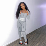 Fashion Embroidery U-Meck Long Sleeves Skinny Jumpsuit K20Q09949