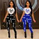 Fashion Letter Printed Round Neck Short Sleeves Tops With Trousers Two Pieces Sets  L714