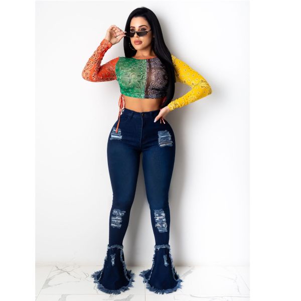 Fashion Solid Color Hole Stitching Flared Jeans HSF2339