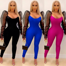 Sexy Round Neck Mesh Ruff Sleeves Bodycon Jumpsuit C3900