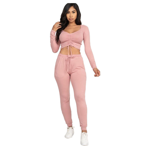Fashion Solid Color Square Collar Long Sleeves Drawstring Cropped Top With Trousers Two Piece Sets Y