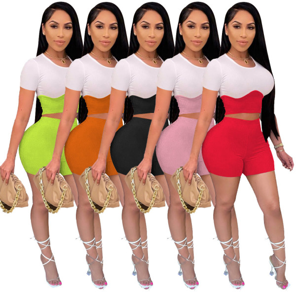 Womens pit strip elastic slim fit suit contrast stitching short-sleeved shorts two-piece suit YF8205