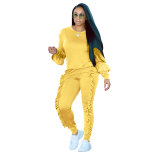 Fashion Solid Color Ruffle Round Neck Long Sleeves Top With Trousers Two Piece Sets S3242-1