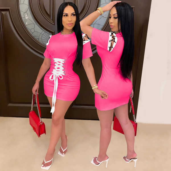 Casual Contrast Round Neck Short Sleeves Strappy Mini Bodycon Dress XYZ3616