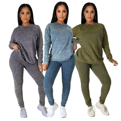 Casual Tie Dye Round Neck Long Sleeves Top With Trousers Two Piece Sets SMR9932