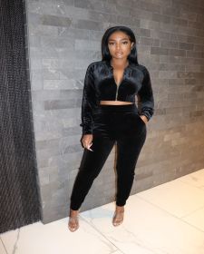 Sexy Velvet Zipper V-Neck Long Sleeves Cropped Top With Trousers Two Piece Sets A3243