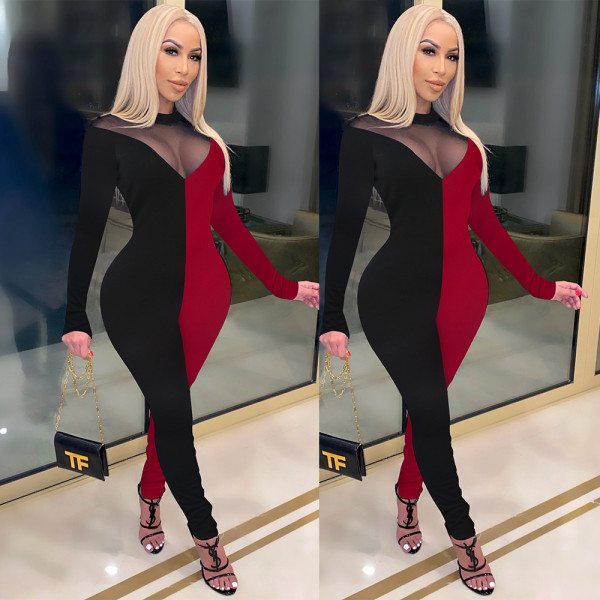 Fashion Contrast Mesh Stitching V-Neck Long Sleeves Skinny Jumpsuit  F258