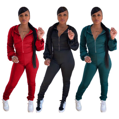 Casual Solid Color Zipper Long Sleeves Hooded Cardigan With Trousers Two Piece Sets H1558