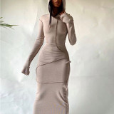 Casual Solod Color Stitching Long Sleeves Hooded Long Dress  D295583