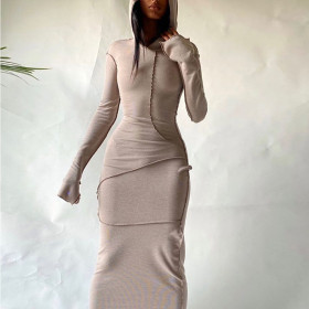 Casual Solod Color Stitching Long Sleeves Hooded Long Dress  D295583