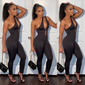 Oblique shoulder off shoulder open back casual jumpsuit CY8075