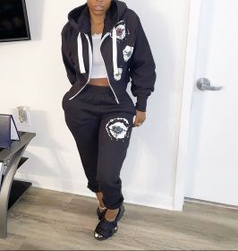 Casual Printed Zipper Long Sleeves Hooded Sweater With Trousers Two Pieces Sets CY8066