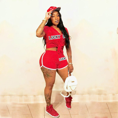 Letter-print striped baseball two-piece button set MN8363