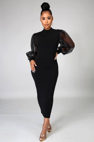 Fashion Solid Color Rould Neck Mesh Ruff Sleeves Midi Skinny Dress YS211-2