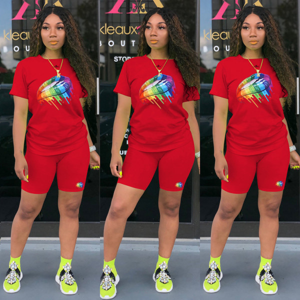 Casual Lips Printed Round Neck Long Sleeves Top With Shorts Plus Size Two Piece Sets TP052