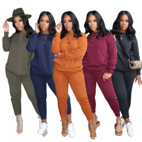 Casual Solid Color Round Neck Long Sleeves Top With Trousers Two Piece Sets YF8146