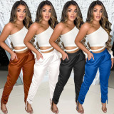 Fashion Solid Color Pocket Stretch Drawstring Straight Long Pants BN128