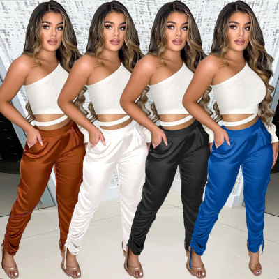 Fashion Solid Color Pocket Stretch Drawstring Straight Long Pants BN128