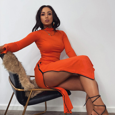 Fashion Zipper Round Neck Long Sleeves High Split Midi Dress CSM20467S
