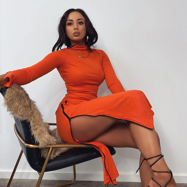Fashion Zipper Round Neck Long Sleeves High Split Midi Dress CSM20467S