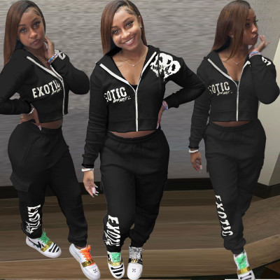 Casual Letter Printed Zipper Long Sleeves Hooded Cropped Cardigan With Trousers Two Piece Sets JP101