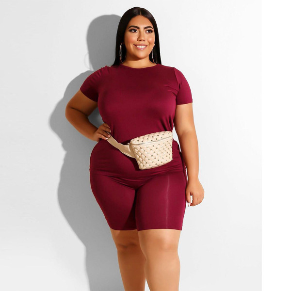 Plus Size Solid Color Round Neck Short Sleeves With Shorts Two Pieces Sets  ONY5008