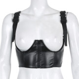 Women's PU Leather Slim Locomotive Wind Jacket Women's Schoolbag Buckle Sling Vest Wrapped Chest HT7