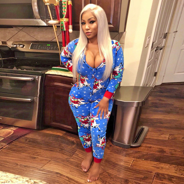 Casual Christmas Printed Zipper Long Sleeves Hooded Homewear Jumpsuit SN390043