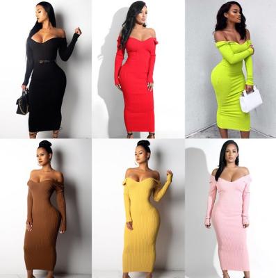 Sexy Solid Color Knitting V-Neck Long Sleeves Long Dress DHK651