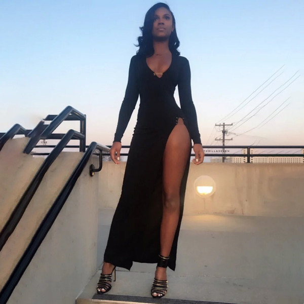 Sexy Deep V-Neck Long Sleeves High Split Midi Bodycon Dress 21411P