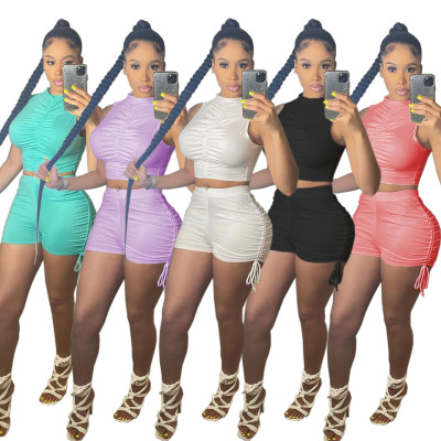 Sleeveless shirring short sexy two-piece suit Q770