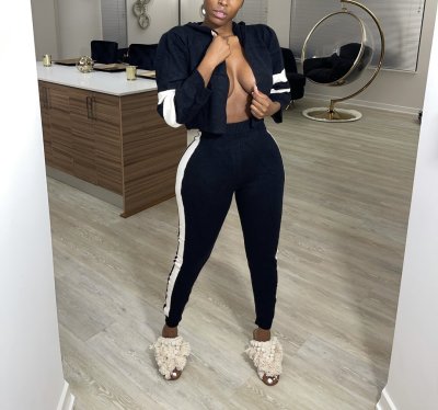 Fashion Stitching Long Sleeves Hooded Cardigan With Trousers Two Pieces Sets CY8065
