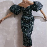 Sexy Printed Off Shoulder Short Puff Sleeves Backless Midi Dress TH9384