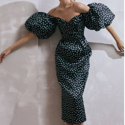 Sexy Printed Off Shoulder Short Puff Sleeves Backless Midi Dress TH9384