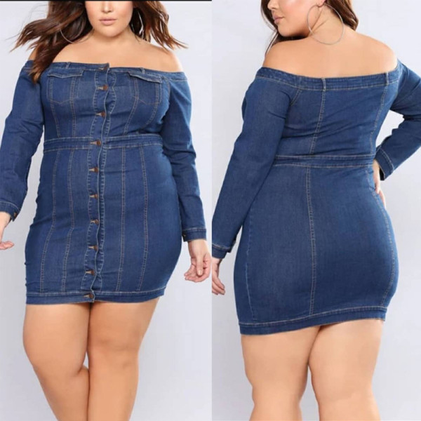 One-shoulder tight-fitting hip-washed sexy denim dress OSS18331