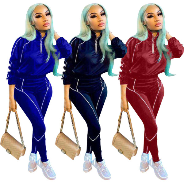 Casual Zipper Stand-Up Collar Long Sleeves Top With Trousers Two Piece Sets HH8949
