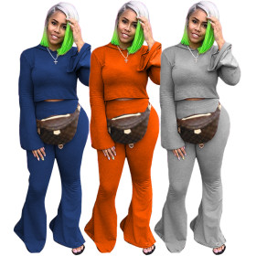Plus size casual Womens fashion solid color one-piece cap flared pants two-piece suit YFS7252