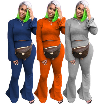 Plus size casual Womens fashion solid color one-piece cap flared pants two-piece suit YFS7252