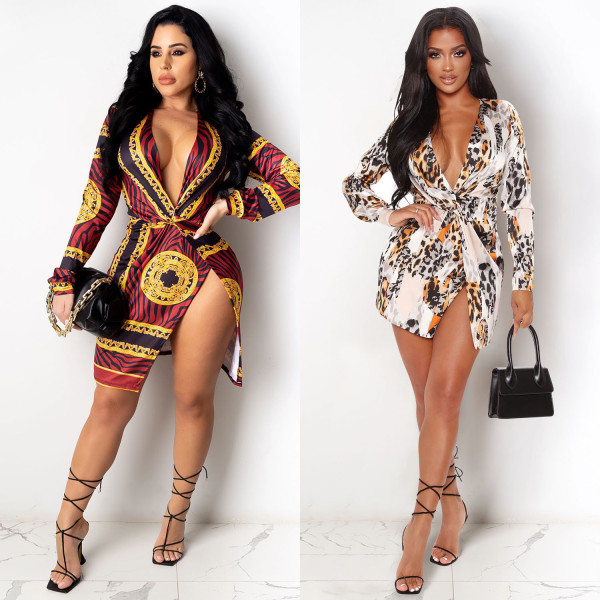 Sexy Printed Deep V-Neck Long Sleeves Split Mini Dress XZ3835