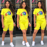 Casual Lips Printed Round Neck Long Sleeves Top With Shorts Plus Size Two Piece Sets TP052