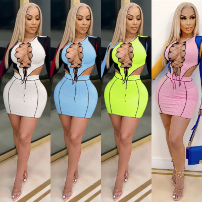 Sexy Contrast Round Neck Long Sleeves Long Sleeves Lace-Up Mini Top With Mini Skirt Two Piece Sets Y