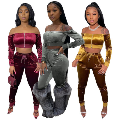Sexy Velvet Off Shoulder Long Sleeves Zipper Cropped Top With Drawstring Trousers Two Piece Sets ML7