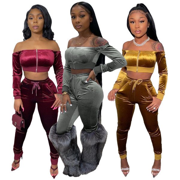 Sexy Velvet Off Shoulder Long Sleeves Zipper Cropped Top With Drawstring Trousers Two Piece Sets ML7